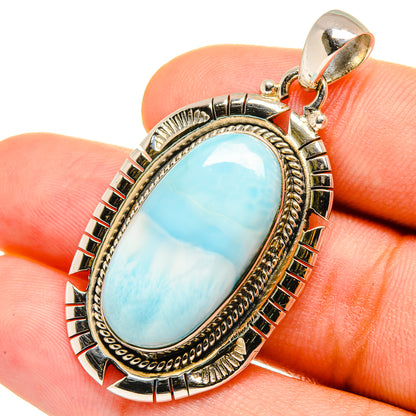 Oval larimar pendant in ornate 925 sterling silver frame with bail, sky-blue stone