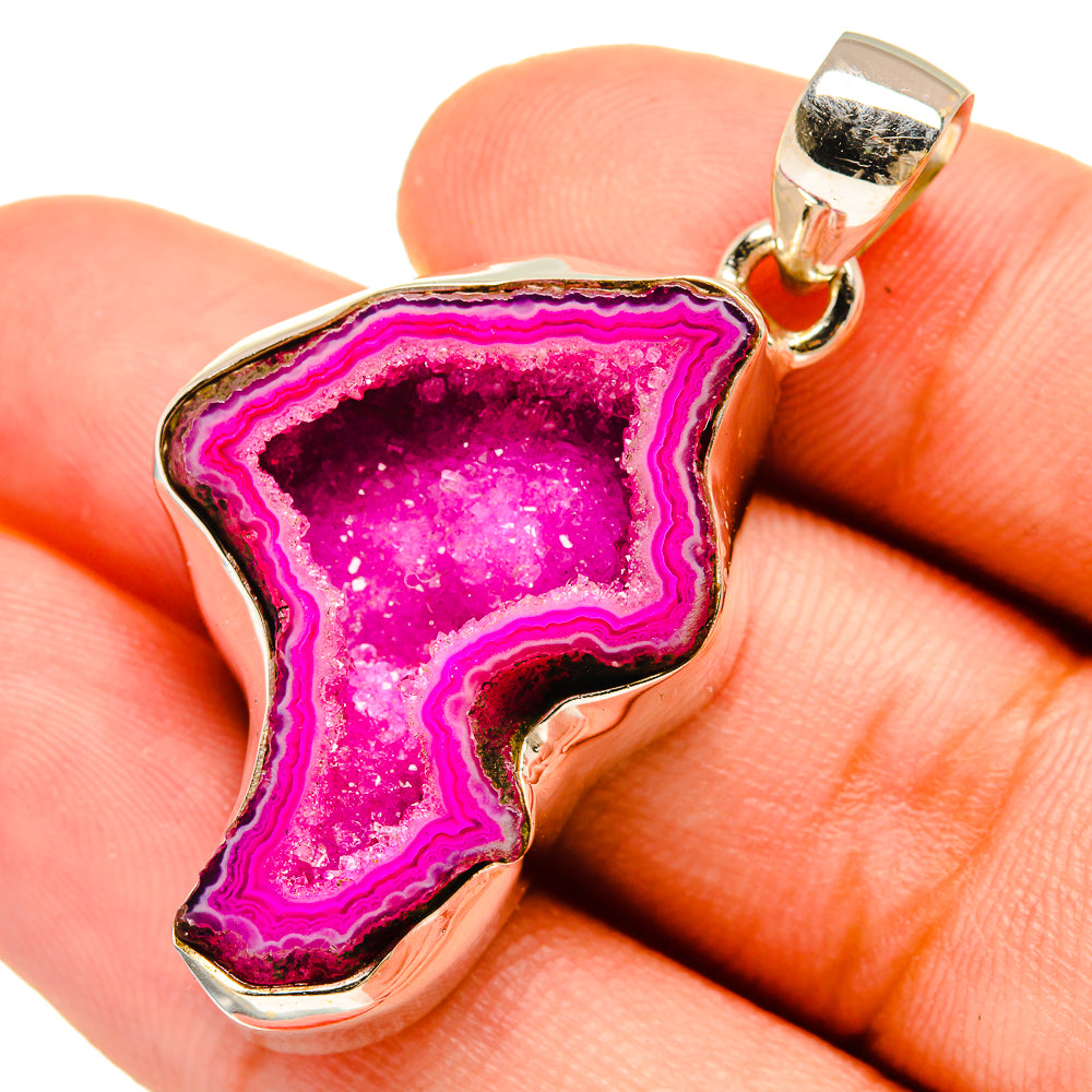 Pink druzy geode pendant with 925 sterling silver frame, bail at top