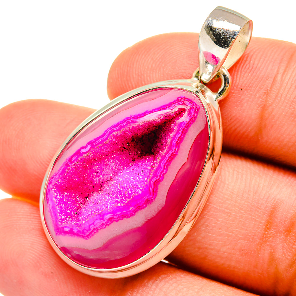 Pink agate druzy teardrop pendant in 925 sterling silver with bail