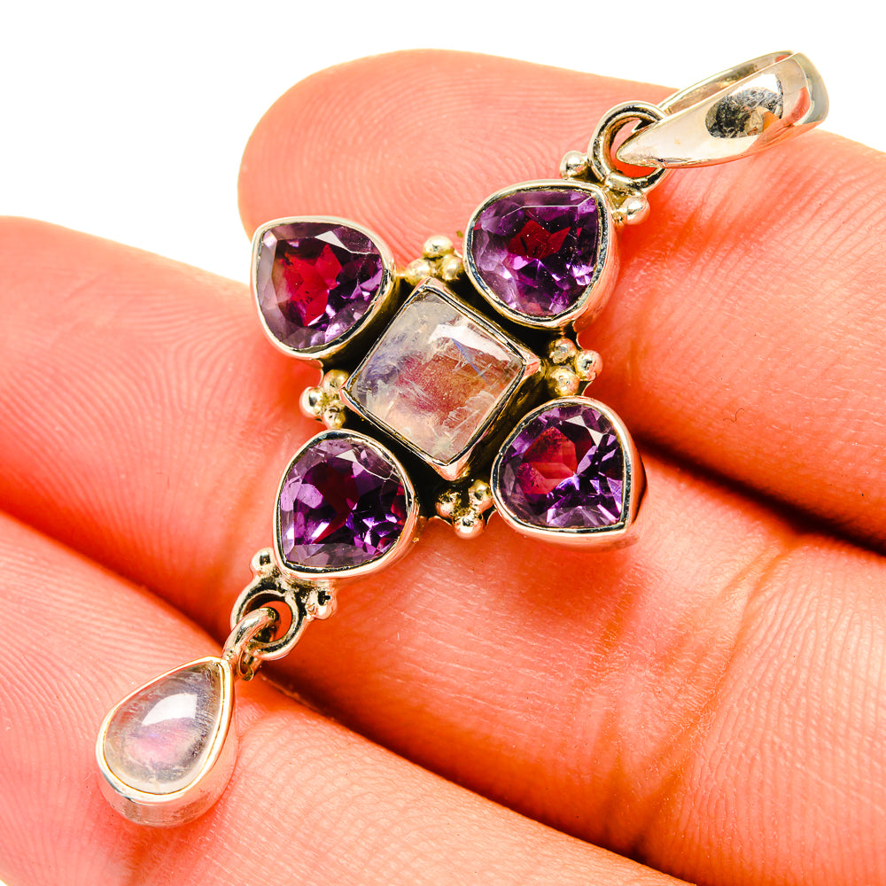 Amethyst and moonstone pendant detail with purple gemstones and teardrop moonstone charm