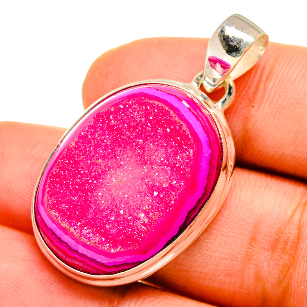 Pink druzy agate pendant in sterling silver setting, oval cabochon on bail