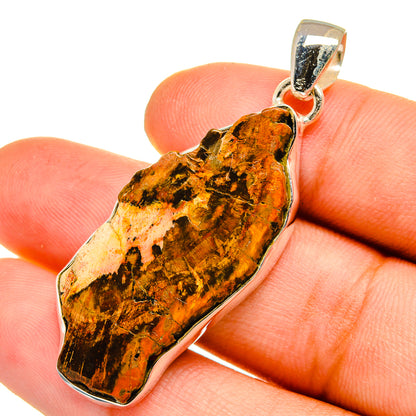 Amber petrified wood pendant close-up, sterling-silver bail and textured stone