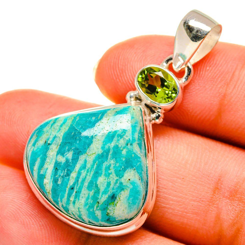 Amazonite and peridot sterling silver pendant, teardrop turquoise stone with green round gem