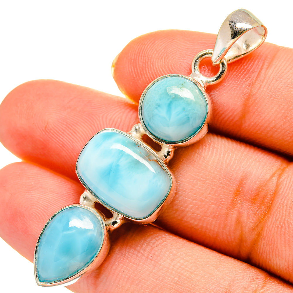 Larimar pendant in 925 sterling silver with three blue oval stones in staggered setting