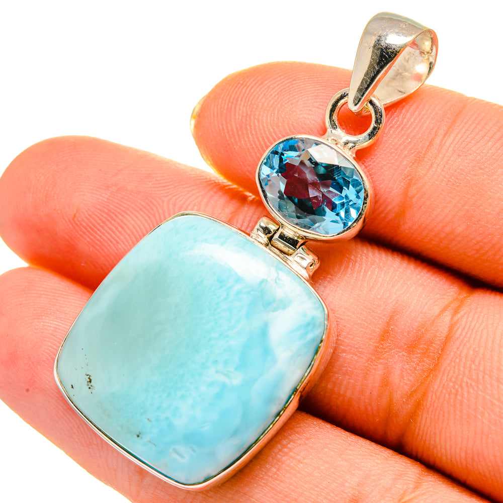 Larimar and blue topaz pendant, rectangular larimar and oval blue stone, silver bail