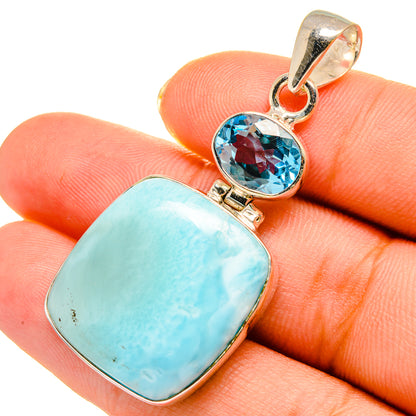 Larimar and blue topaz pendant, rectangular larimar and oval blue stone, silver bail