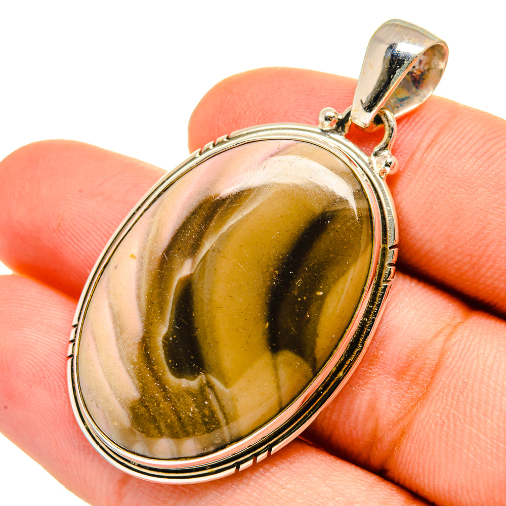 Oval jasper cabochon pendant in 925 sterling silver, amber and gold swirls