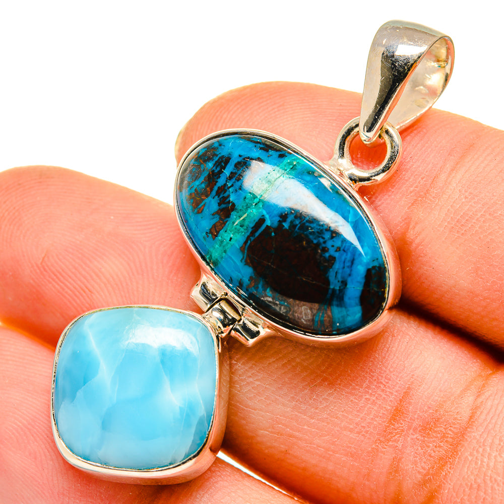 Sterling silver pendant with oval blue cabochons, shattuckite and larimar