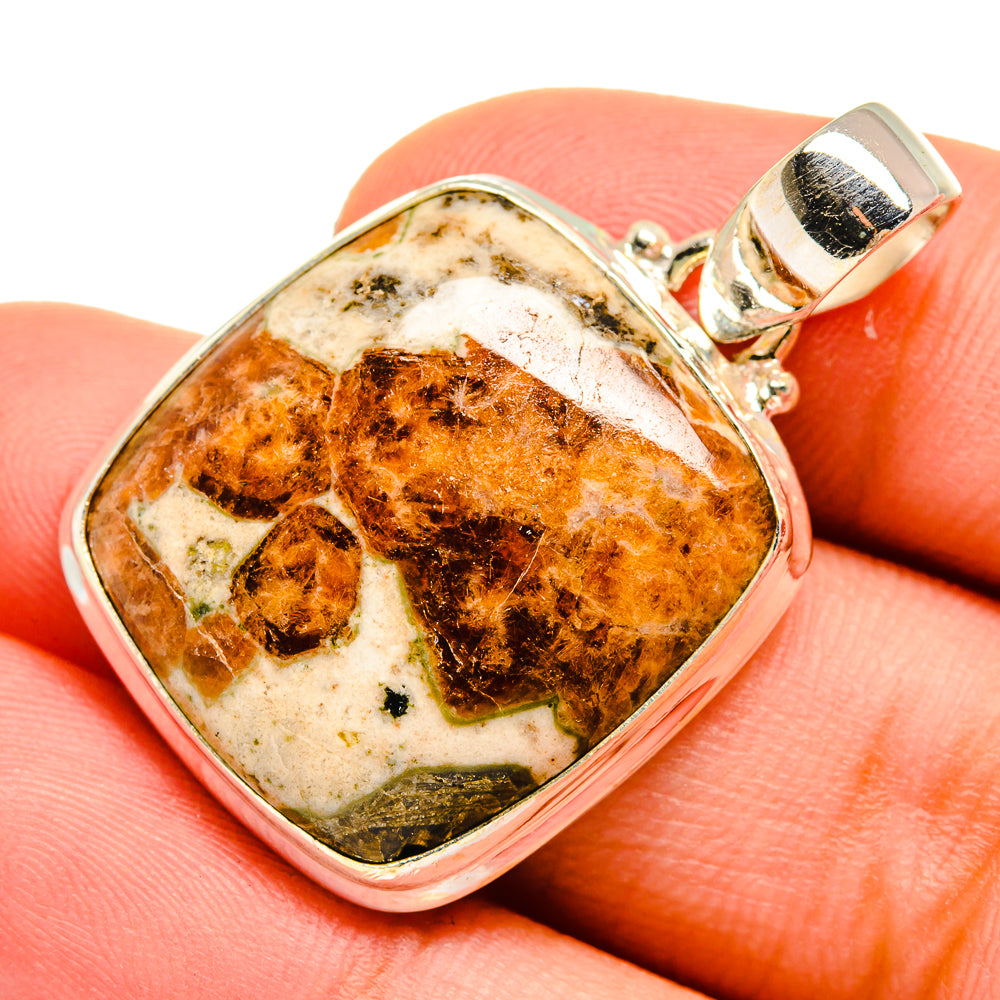 Square muscovite pendant in sterling silver setting, amber-brown and cream stone