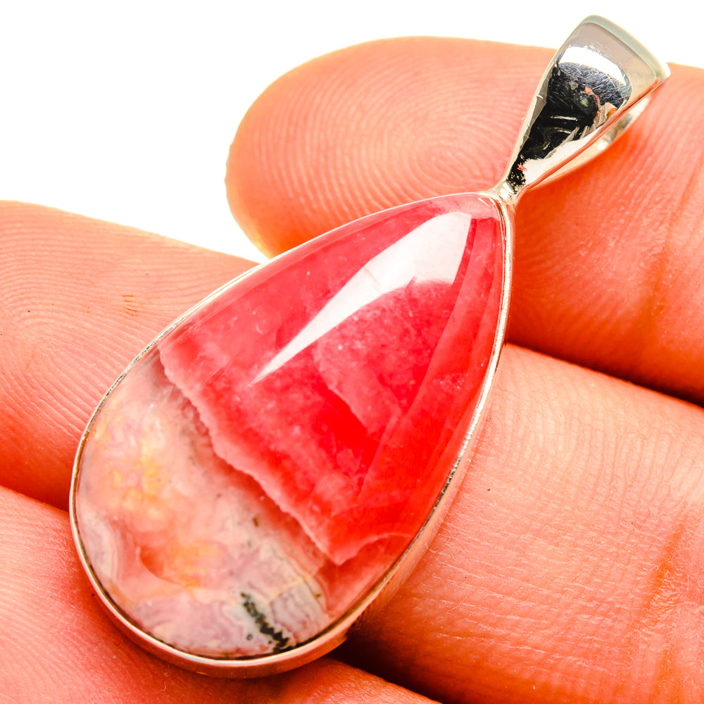 Rhodochrosite teardrop pendant with red-pink stone set in 925 sterling silver