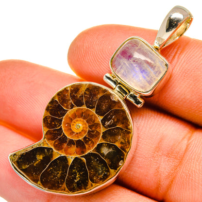 Ammonite fossil pendant with silver-tone frame, iridescent rainbow moonstone square top