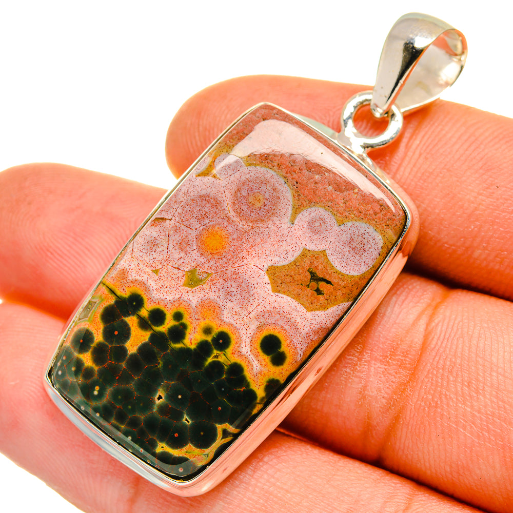 Rectangular ocean jasper pendant with silver bail and bezel, multicolor pebble pattern