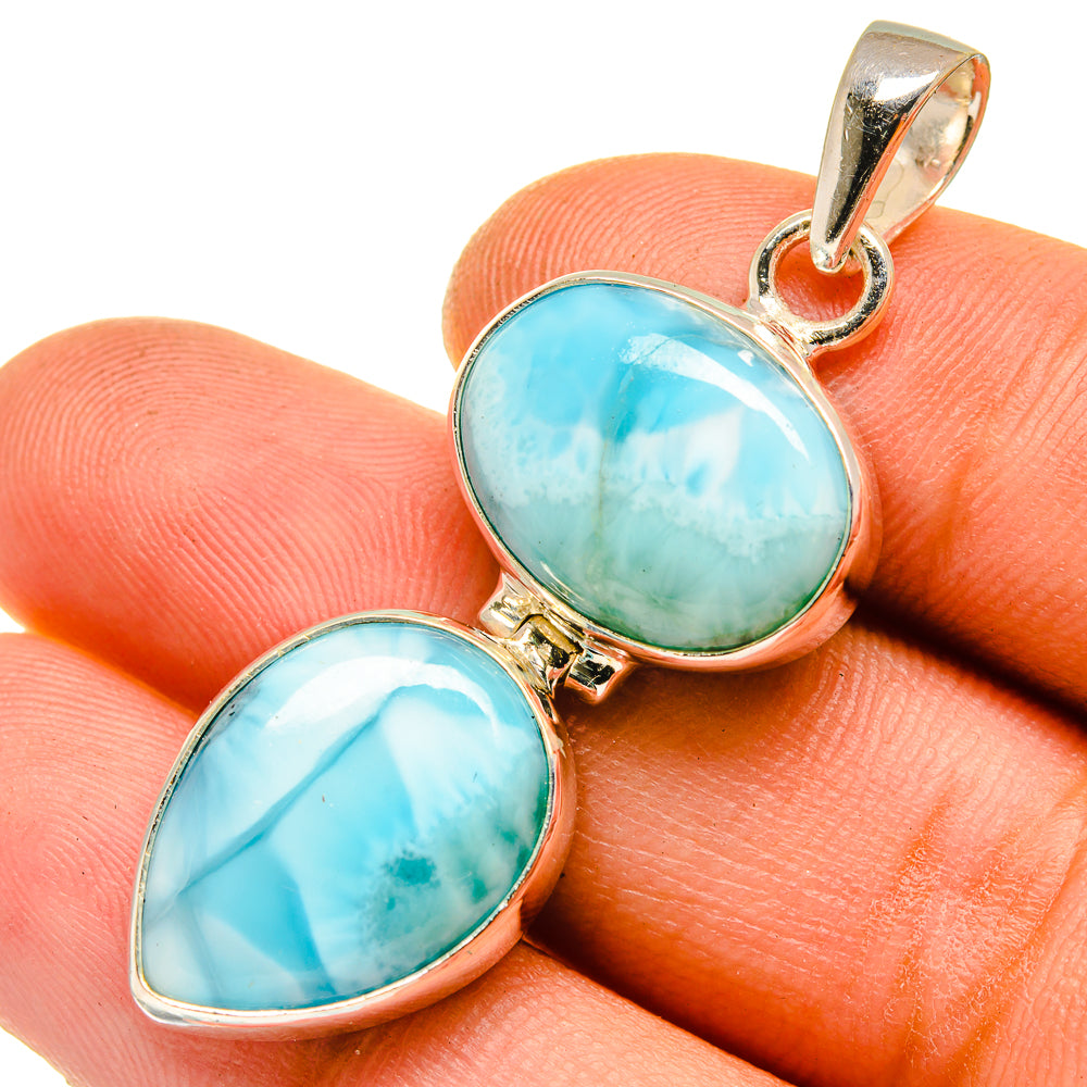 Oval Larimar stone pendant in 925 sterling silver with two connected settings