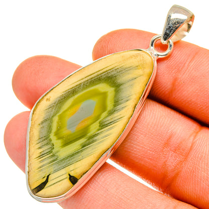 Jasper pendant in 925 sterling silver with green-yellow teardrop stone, shown close-up