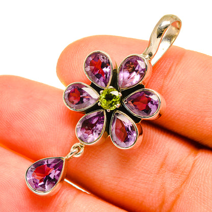Sterling silver amethyst flower pendant with peridot center and teardrop drop charm