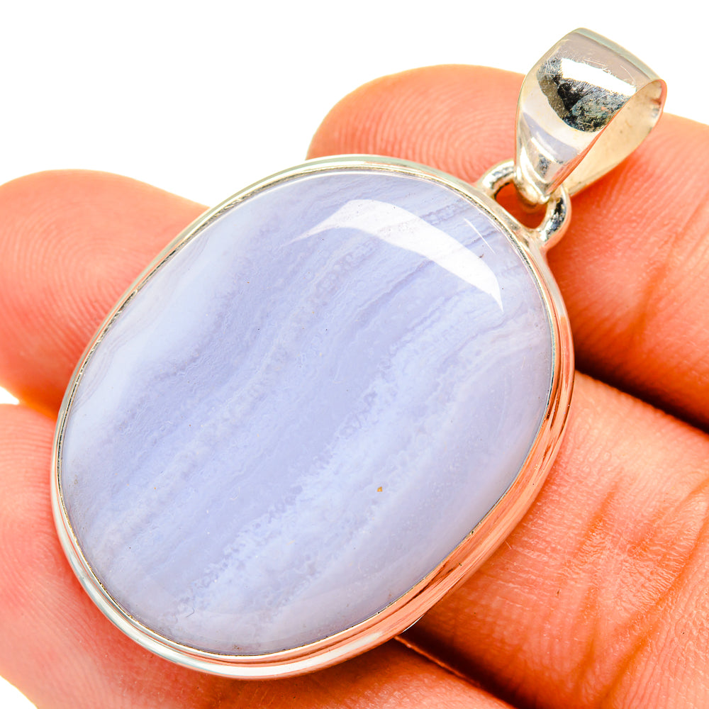 Oval blue lace agate pendant, 925 sterling silver bezel with loop bail