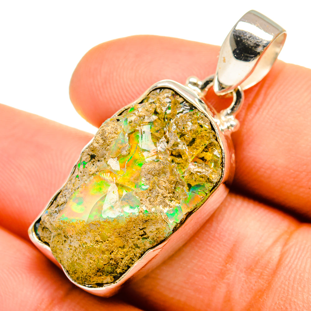 Rough Ethiopian opal pendant in 925 sterling silver, yellow-green iridescent stone