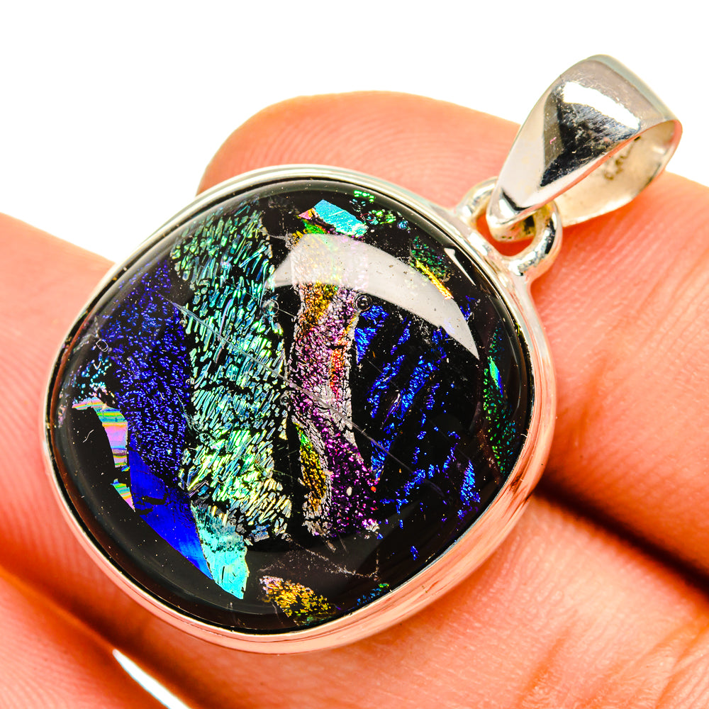 Round dichroic glass pendant with rainbow iridescent pattern and 925 silver bail