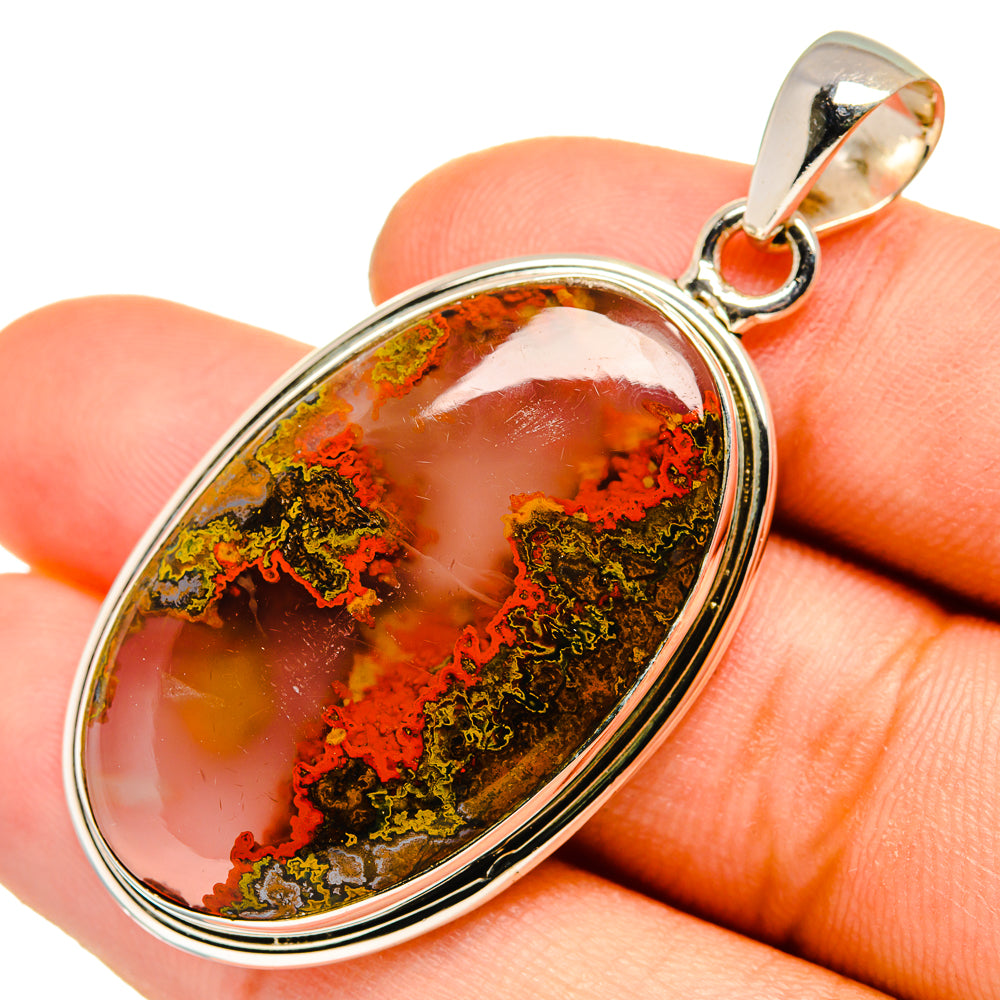 Oval agate pendant with 925 sterling silver top bail, red and green mottled stone