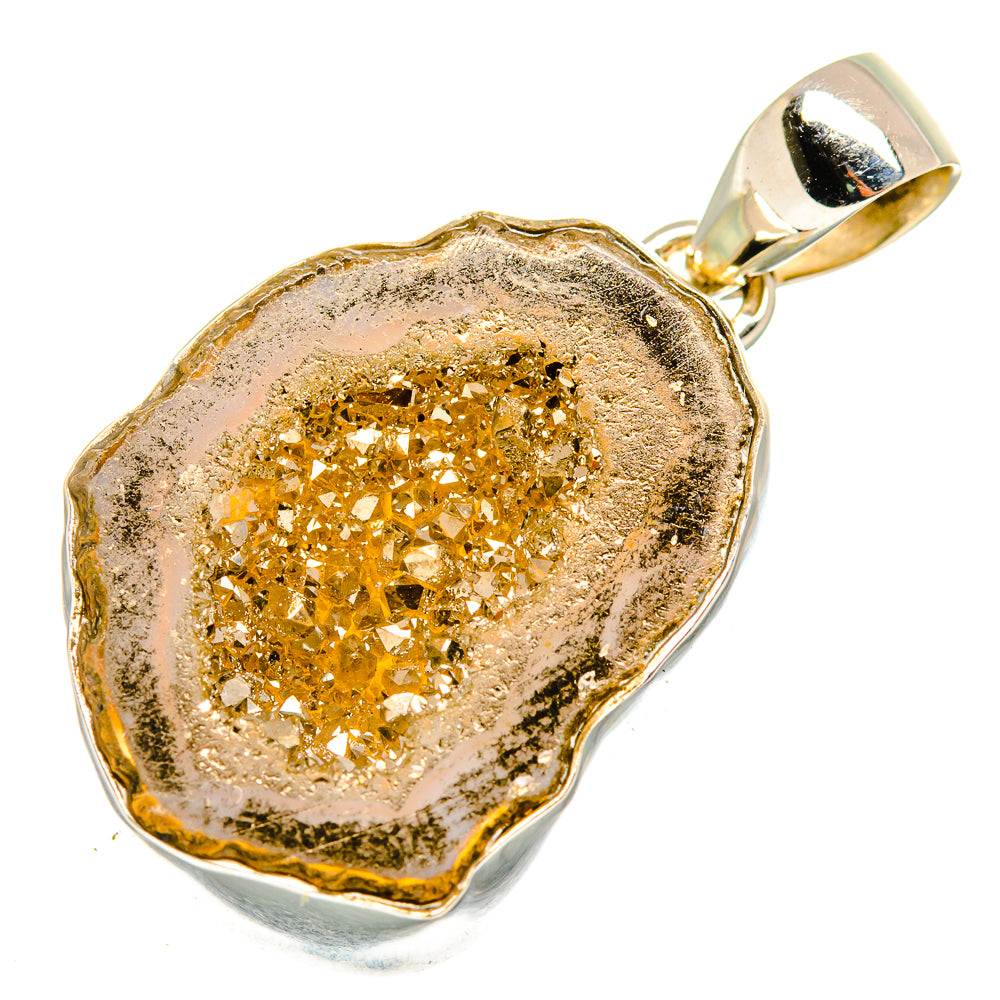 Pyrite geode slice pendant with faceted golden crystals, silver bezel and bail
