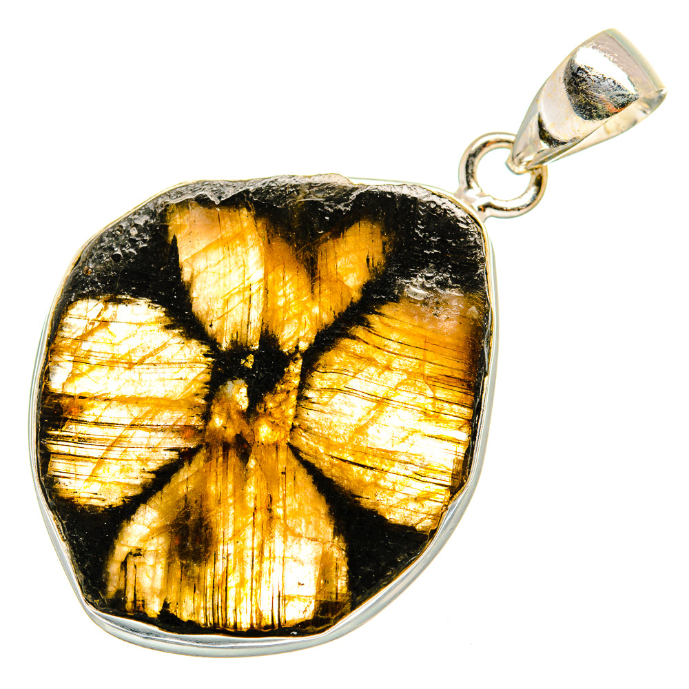 Chiastolite pendant with sterling silver bezel and heart-like black-and-gold cabochon