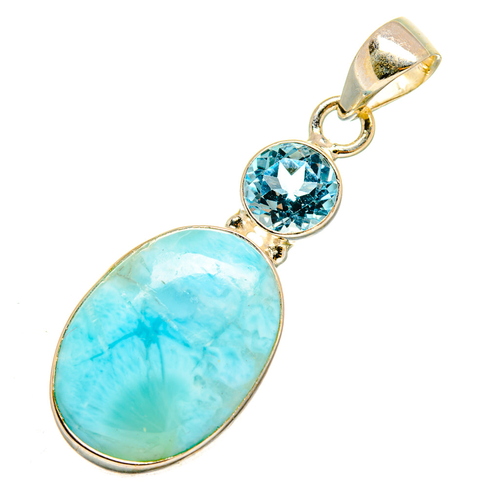 Oval light blue larimar pendant with round blue topaz, sterling silver setting
