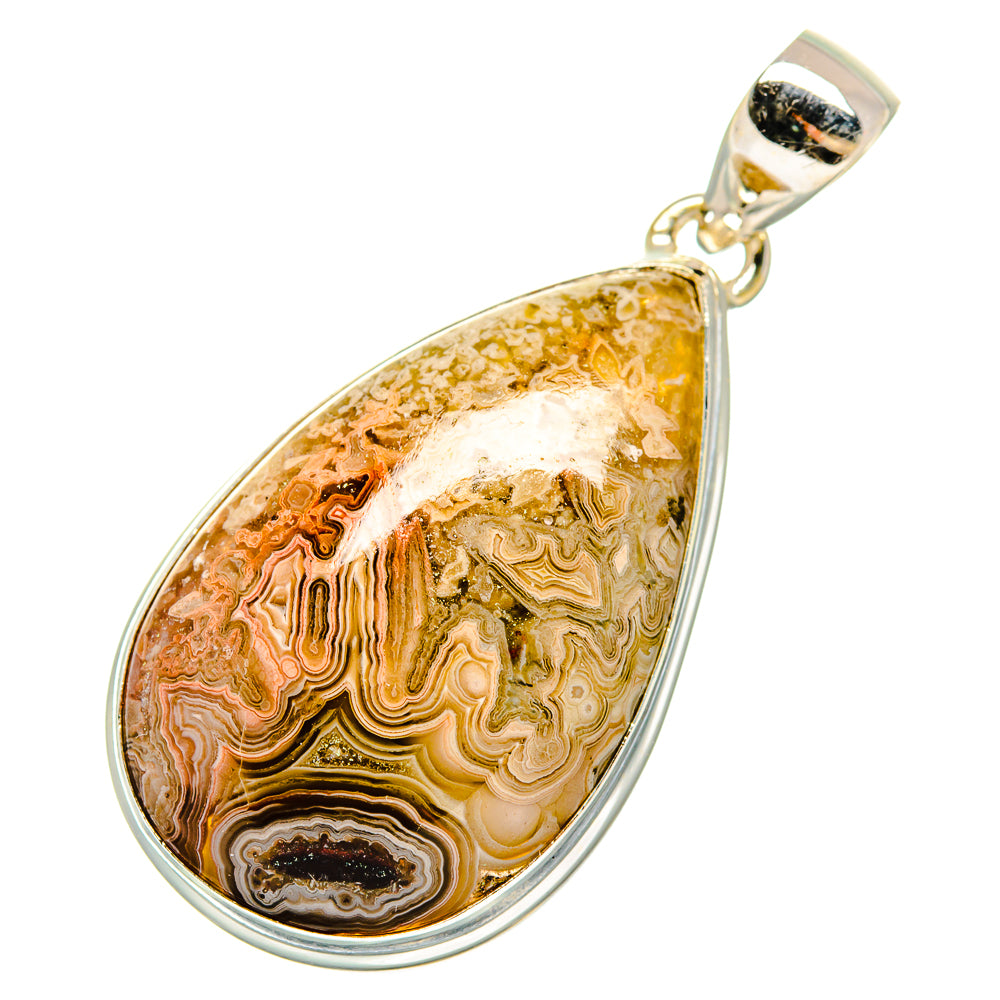 Teardrop banded agate pendant in silver bezel, warm gold, brown, and white