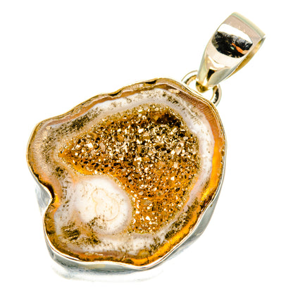 Pyrite geode slice pendant in 925 sterling silver bezel, gold crystal-filled center, bail loop
