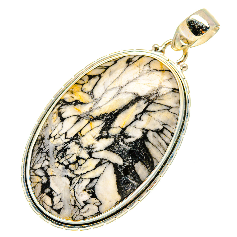 Jasper pendant with oval cabochon, black and cream veining, silver and gold bail