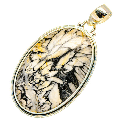 Jasper pendant with oval cabochon, black and cream veining, silver and gold bail