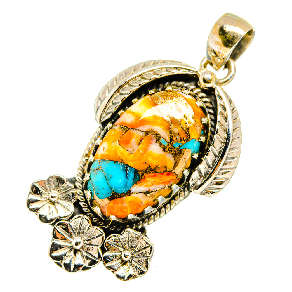 Sterling silver spiny oyster pendant with oval turquoise-orange stone, rope bezel and flower charms