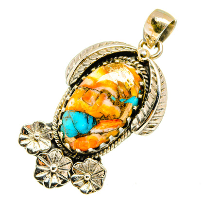 Sterling silver spiny oyster pendant with oval turquoise-orange stone, rope bezel and flower charms