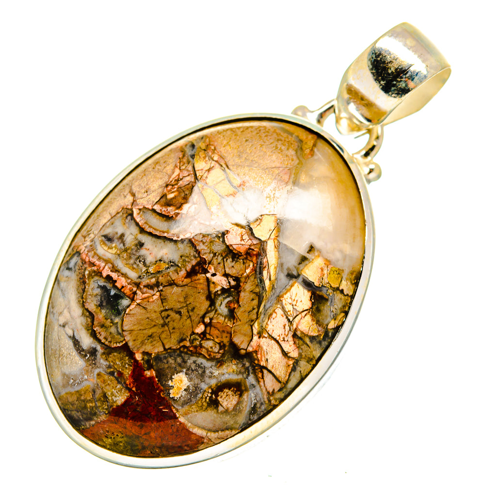 Mushroom rhyolite pendant with oval stone cabochon in gold-tone bezel and top bail
