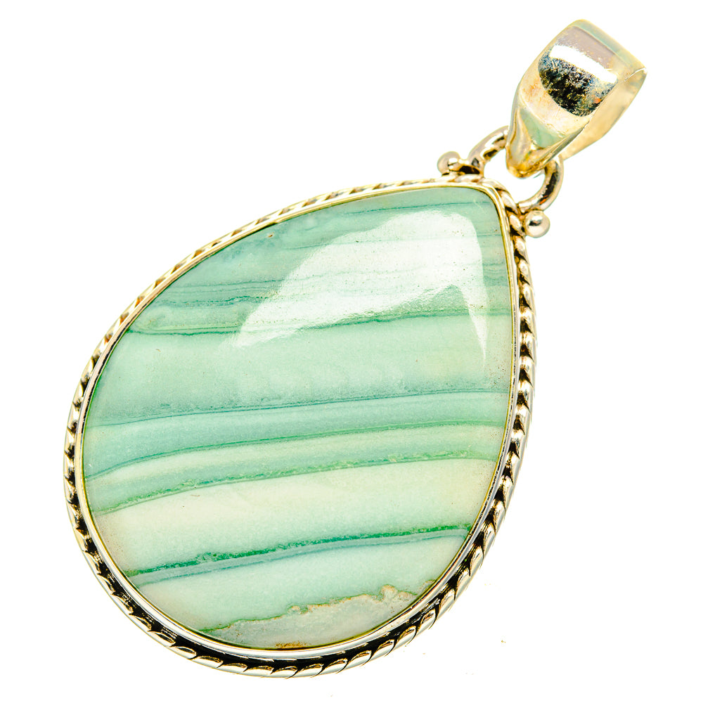 Ocean jasper teardrop pendant in gold-tone 925 sterling silver, green striped stone