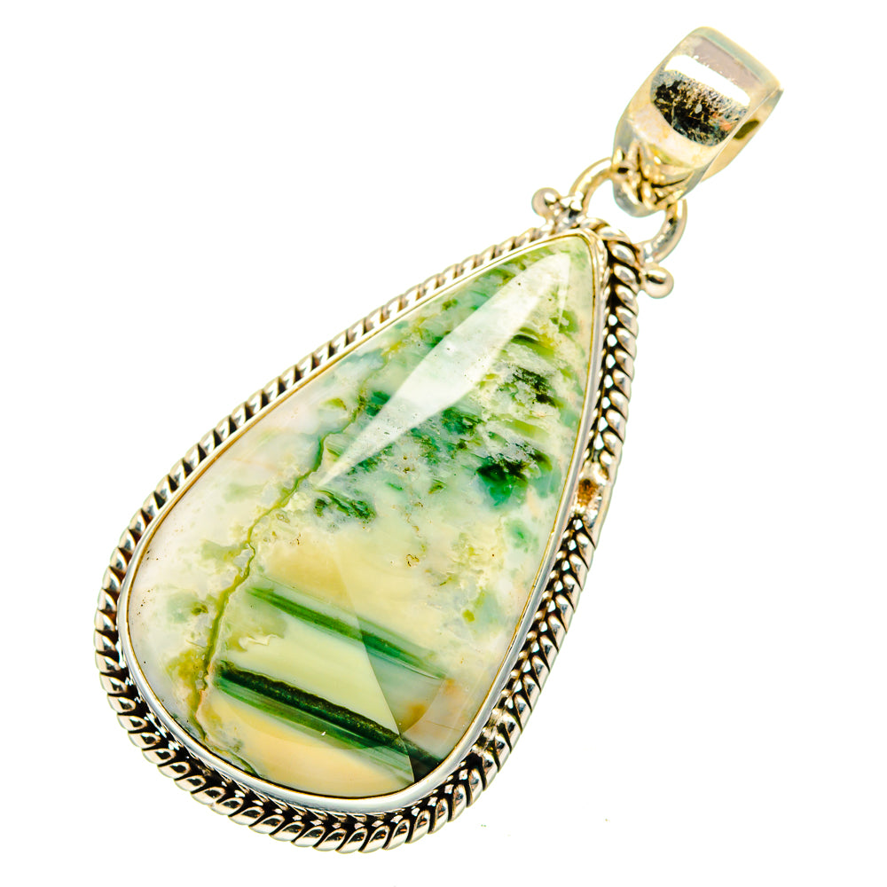Sterling silver ocean jasper teardrop pendant with ornate bezel and bail, green and cream