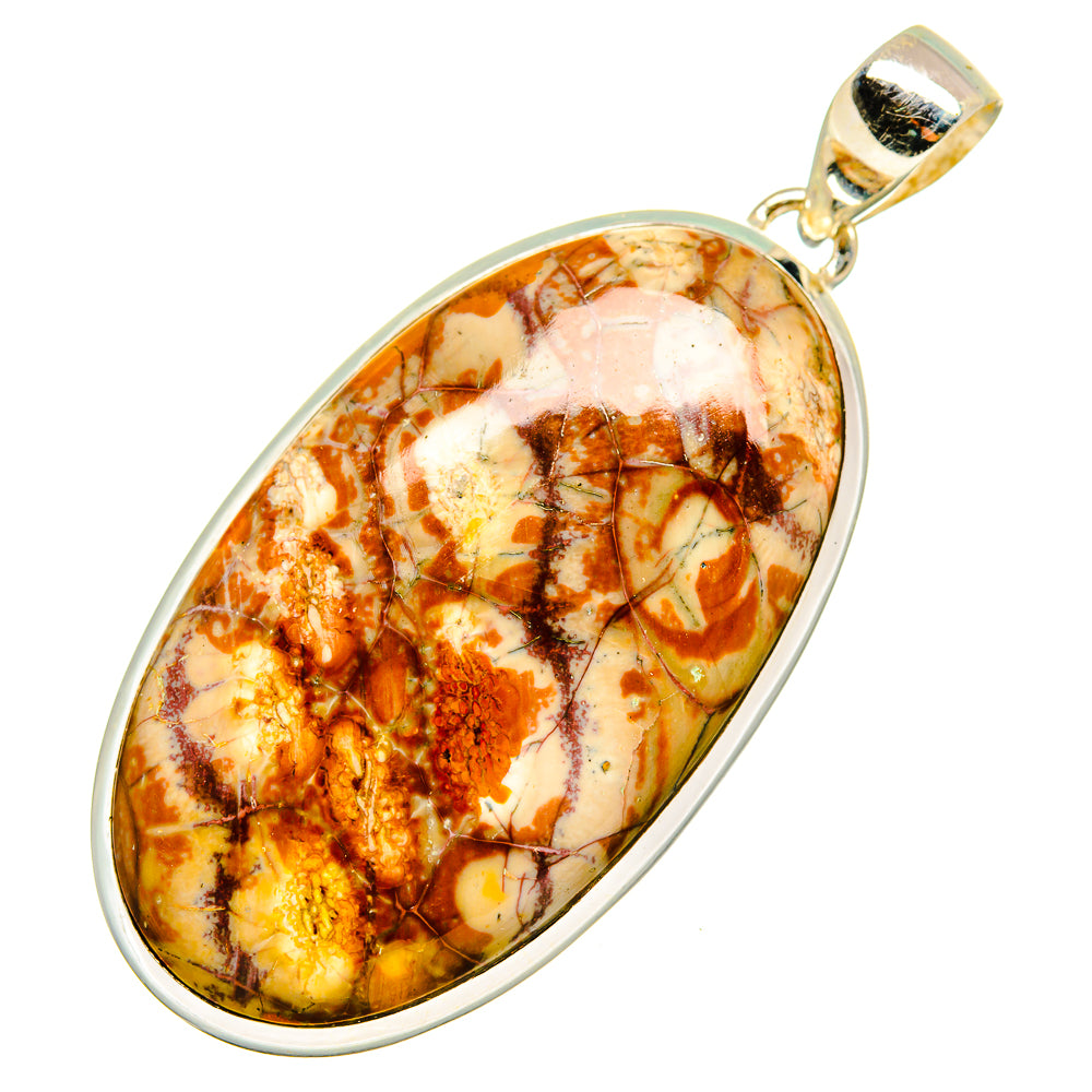 Oval poppy jasper pendant with sterling silver bezel and bail, orange and white stone