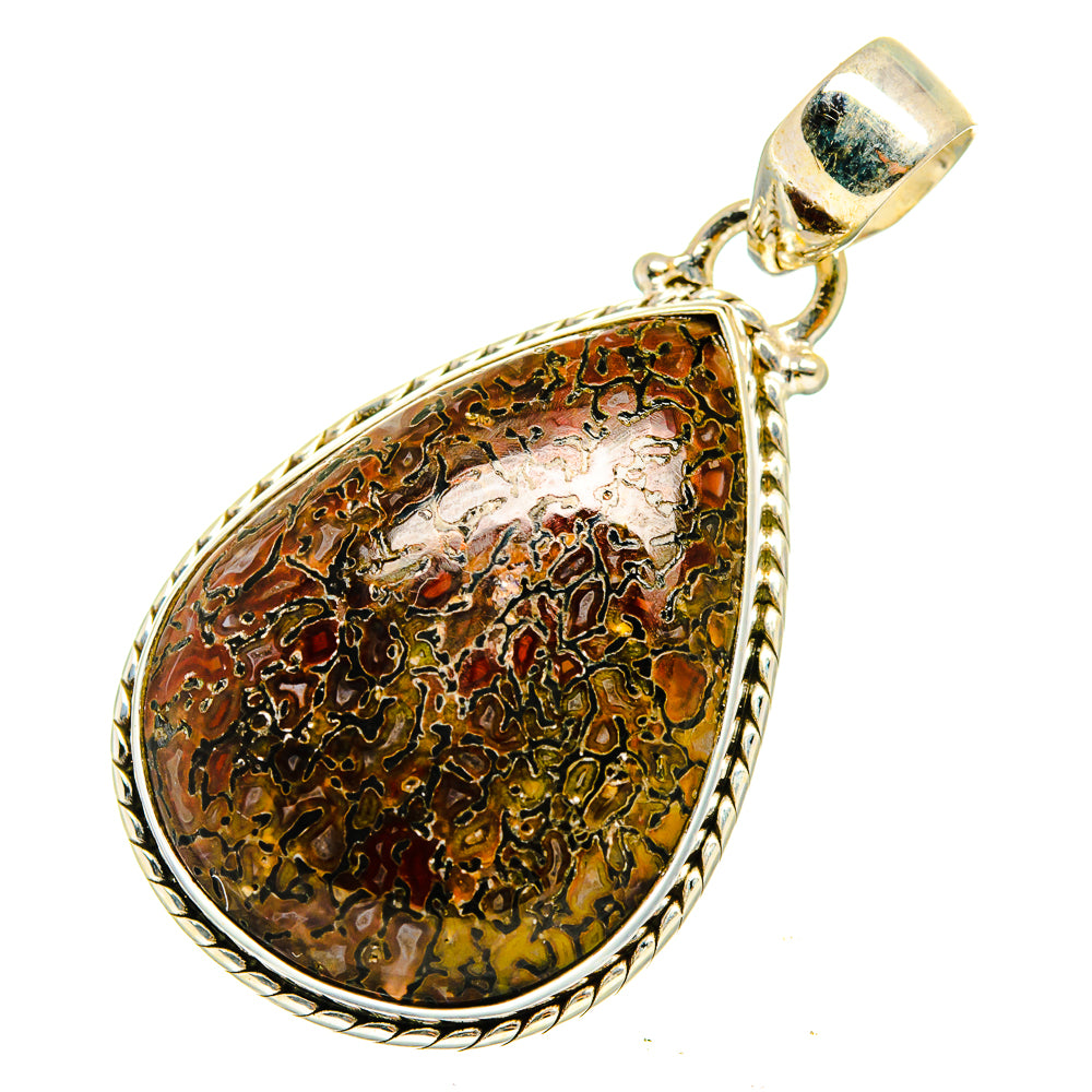 Dinosaur bone pendant teardrop brown-green stone with openwork silver frame and bail