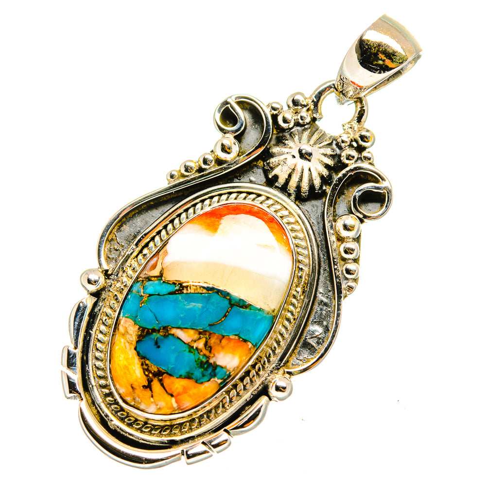 Oval turquoise and orange stone pendant with decorative silver frame, 925 sterling silver