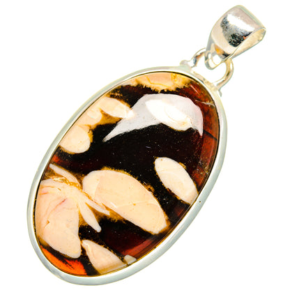 Oval jasper pendant in sterling silver bezel with black, amber, and cream marbled pattern