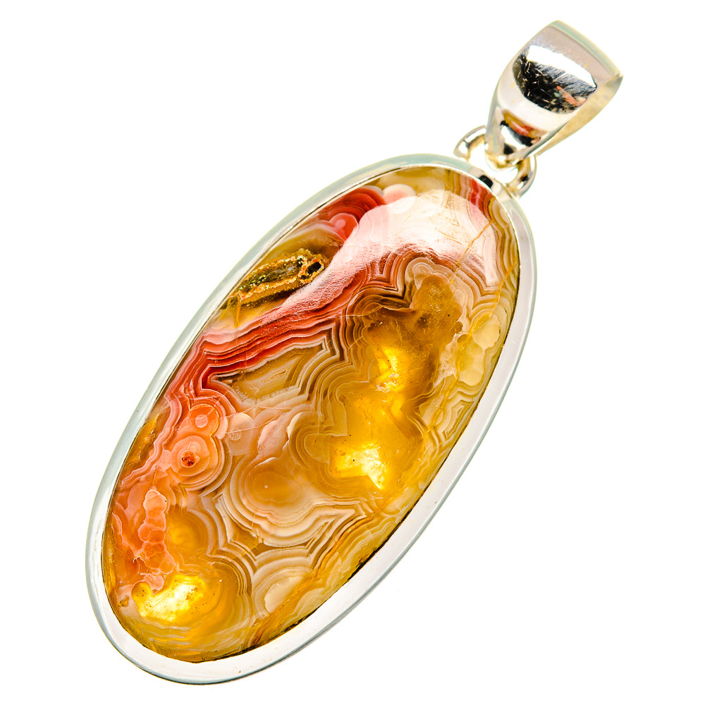 Oval crazy lace agate pendant with silver frame and bale, swirling yellow, orange, and pink