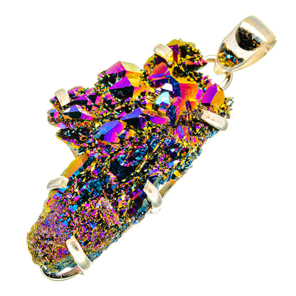 Rainbow druzy stone pendant with silver bail and four prongs, faceted iridescent texture
