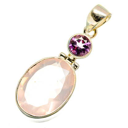 Oval rose quartz pendant with small round amethyst accent, metallic setting