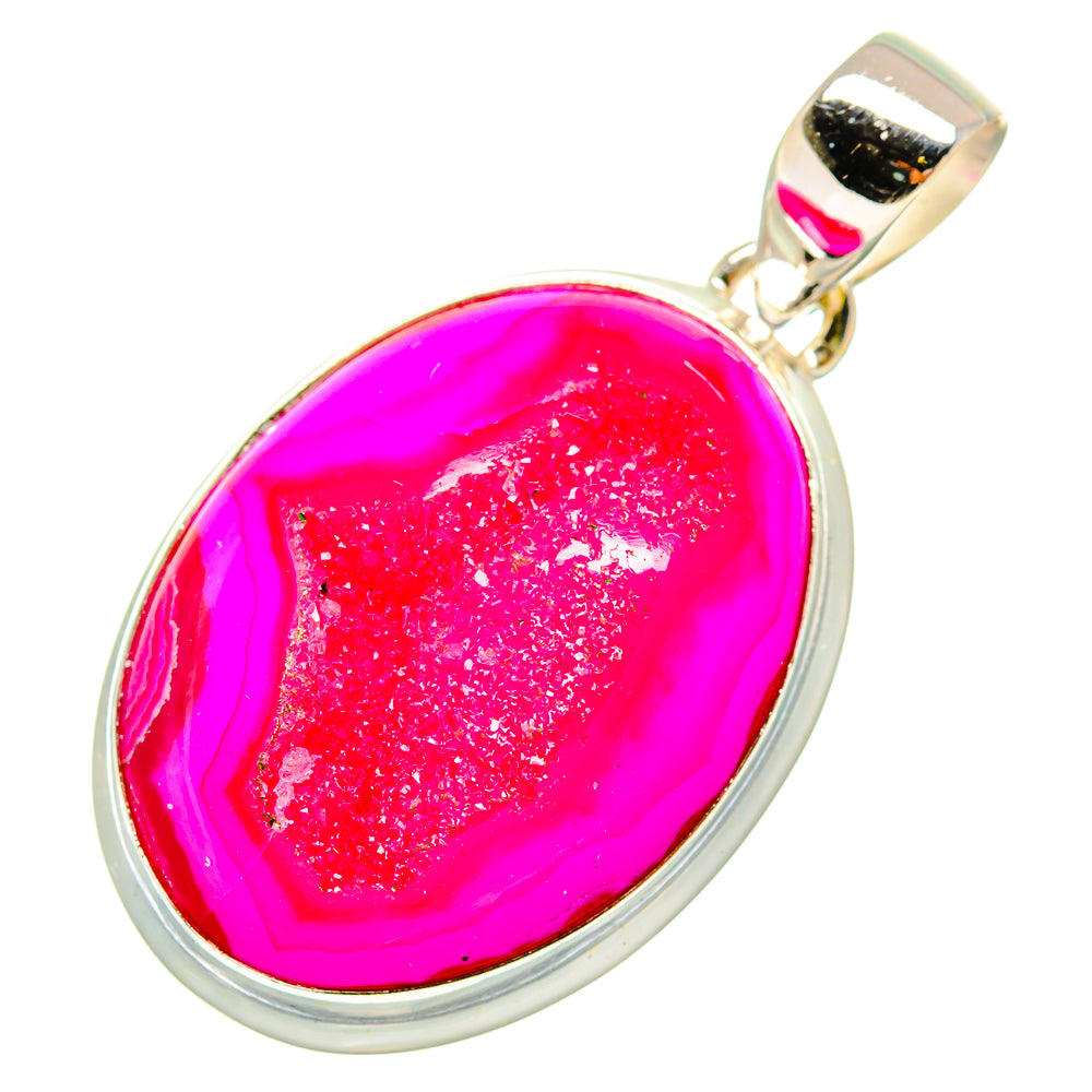 Pink agate druzy pendant in oval 925 sterling silver bezel with bail