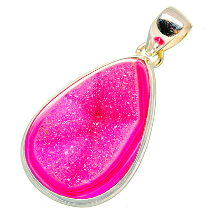 Bright pink teardrop druzy agate pendant with gold bail and silver-tone bezel