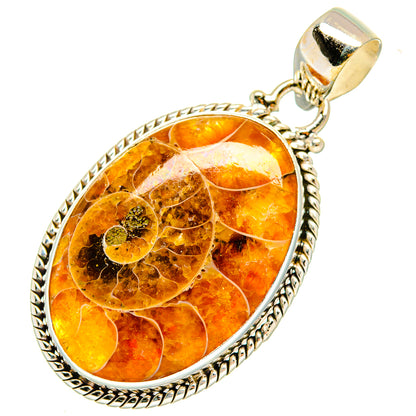 Ammonite fossil pendant in oval silver frame with orange-brown stone inset