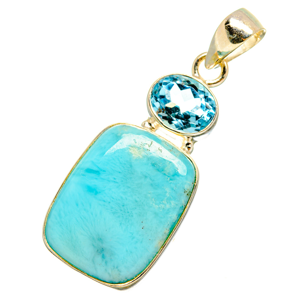Blue gemstone pendant with rectangular turquoise stone and round blue topaz in bezel
