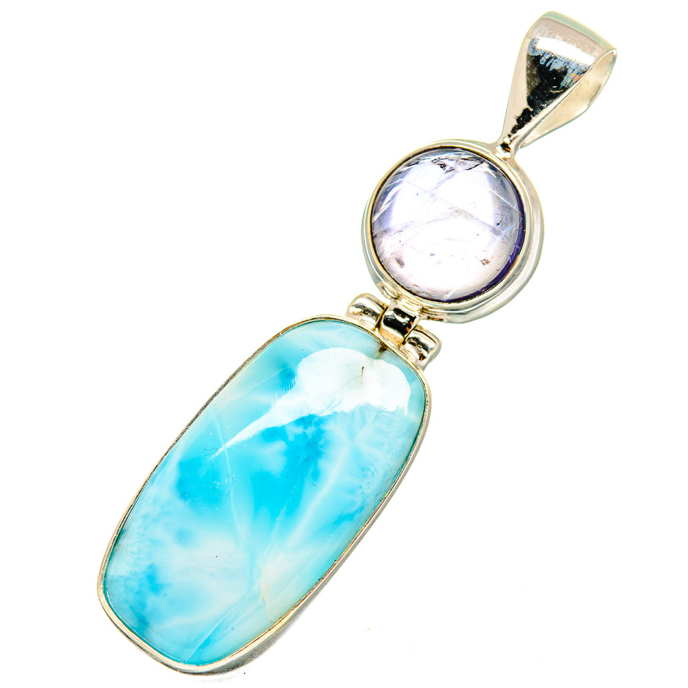 Sterling silver pendant with oval blue larimar and round light purple gemstone, top bail