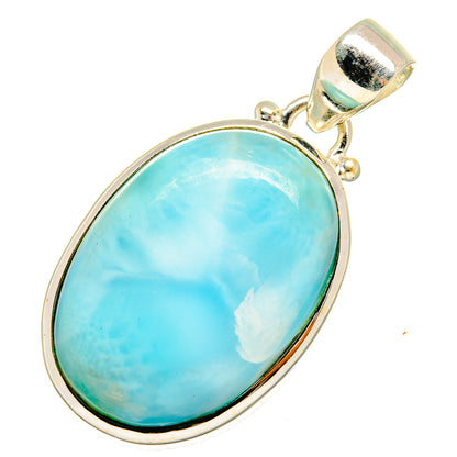 Oval larimar pendant with bright blue cabochon and sterling silver frame, open bail