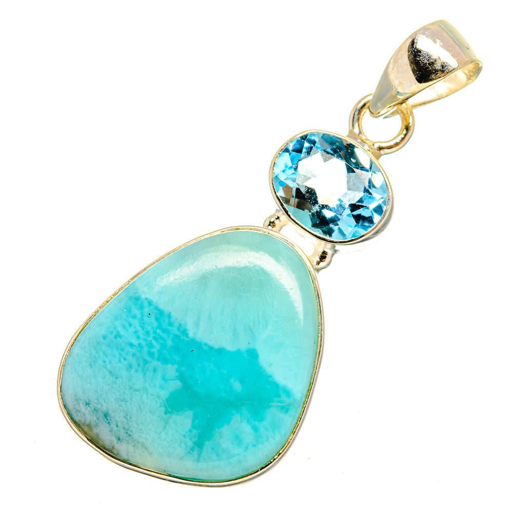 Oval Larimar stone with oval blue topaz and silver bail pendant