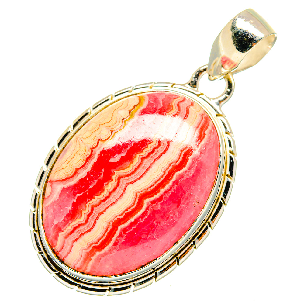 Oval rhodochrosite pendant with pink-red striped cabochon and bail, silver setting